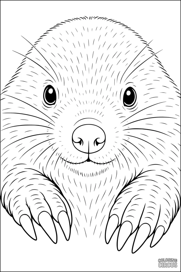 Coloring page featuring a cute mole peeking with big eyes and paws