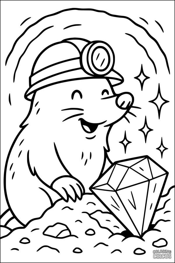 Coloring page showing a friendly mole with a headlamp finding a sparkling gemstone underground