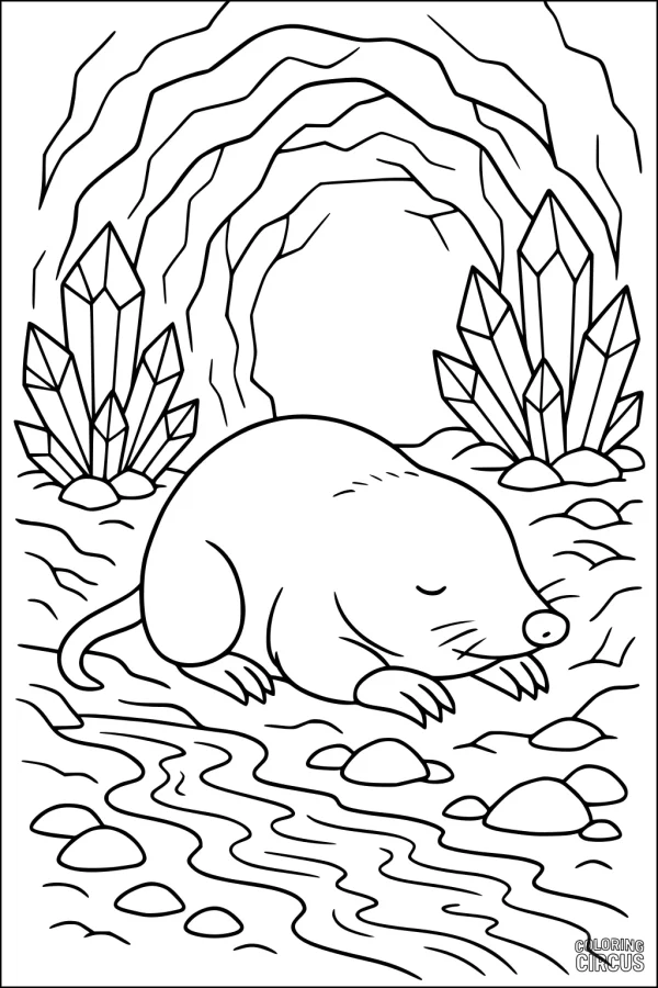 Coloring page of a mole sleeping in a sparkling crystal cave with stones and stream