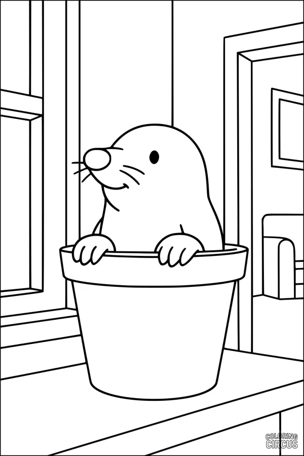 Coloring page showing a cute mole inside a flowerpot on a table in a cozy room