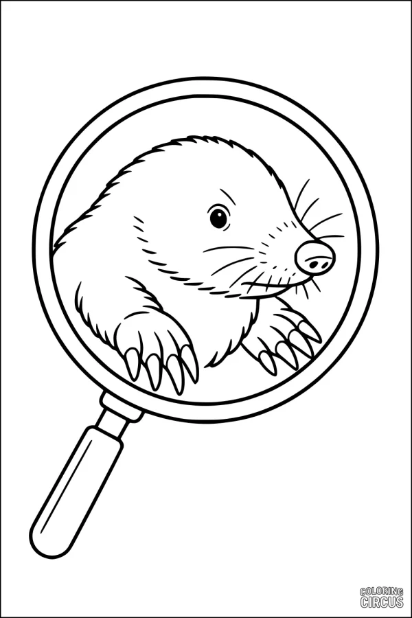 Coloring page featuring a cute mole viewed through a magnifying glass, perfect for kids interested in animals and nature.