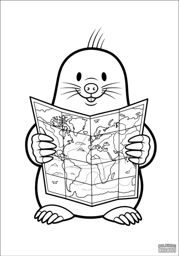 Coloring page featuring a smiling mole holding a world map