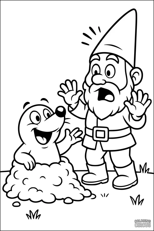 Coloring page showing a smiling mole greeting a surprised garden gnome in the grass