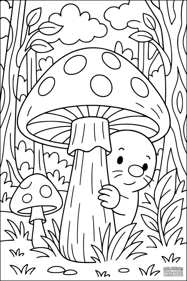 Coloring page of a cute mole hiding behind a large mushroom in a forest with leafy plants and trees