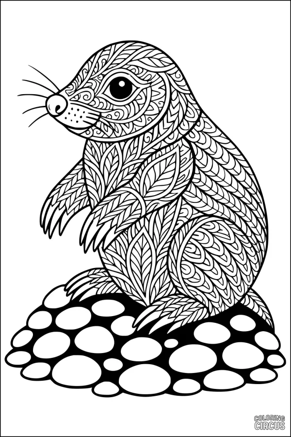 Coloring page of a mole with intricate patterned fur sitting on pebbles