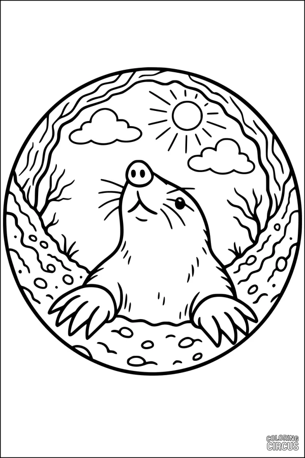 Coloring page featuring a cute mole emerging from its burrow on a sunny day