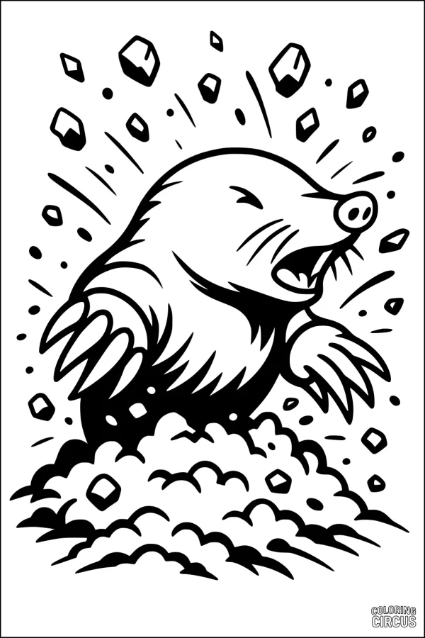 Coloring page showing a cartoon mole bursting through earth and rocks