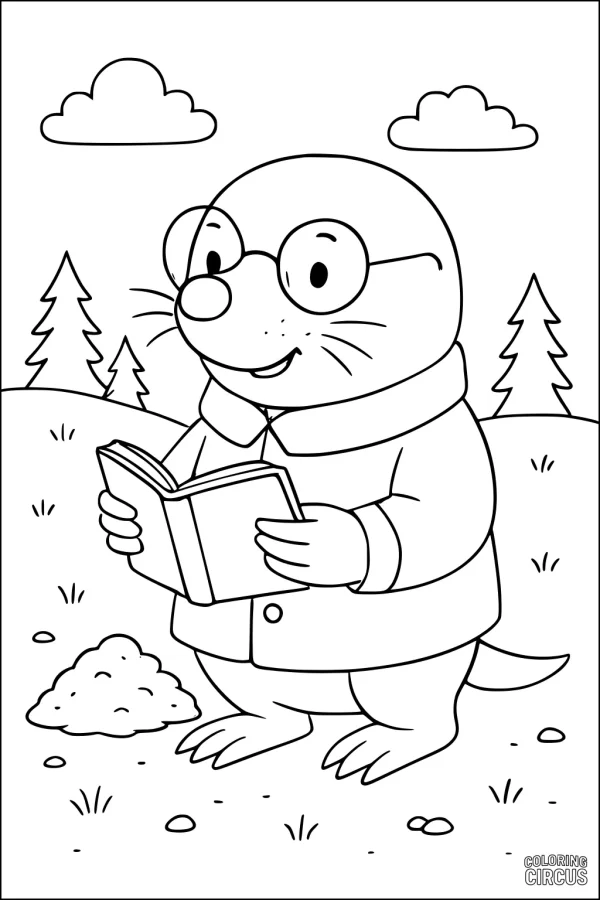 Coloring page of a cartoon mole wearing glasses and a coat, reading a book in a forest meadow