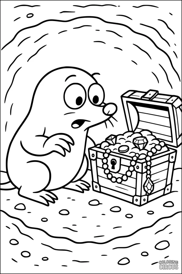 Coloring page of a cartoon mole discovering a treasure chest underground