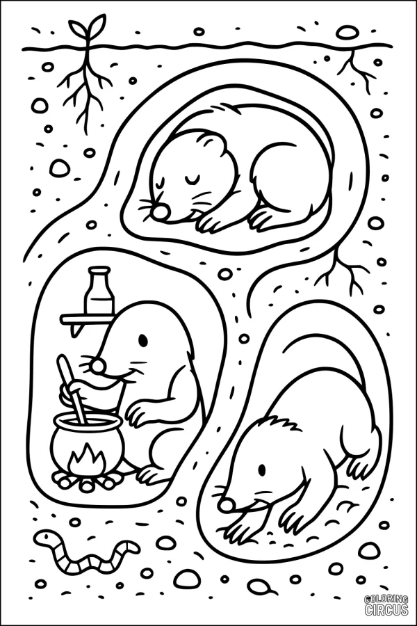 Coloring page showing three cute moles in underground tunnels, one sleeping, one cooking, and one searching, with a plant and a worm.