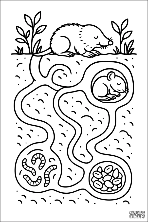 Coloring page showing a mole, underground tunnels, a sleeping mole, worms, and a pile of seeds