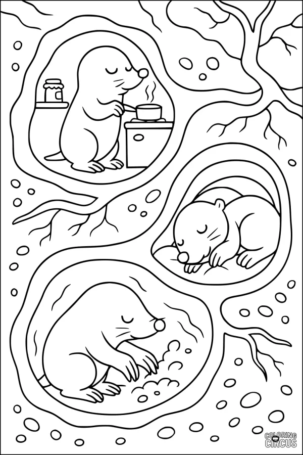Coloring page showing three moles in cozy underground burrows, cooking, sleeping, and digging