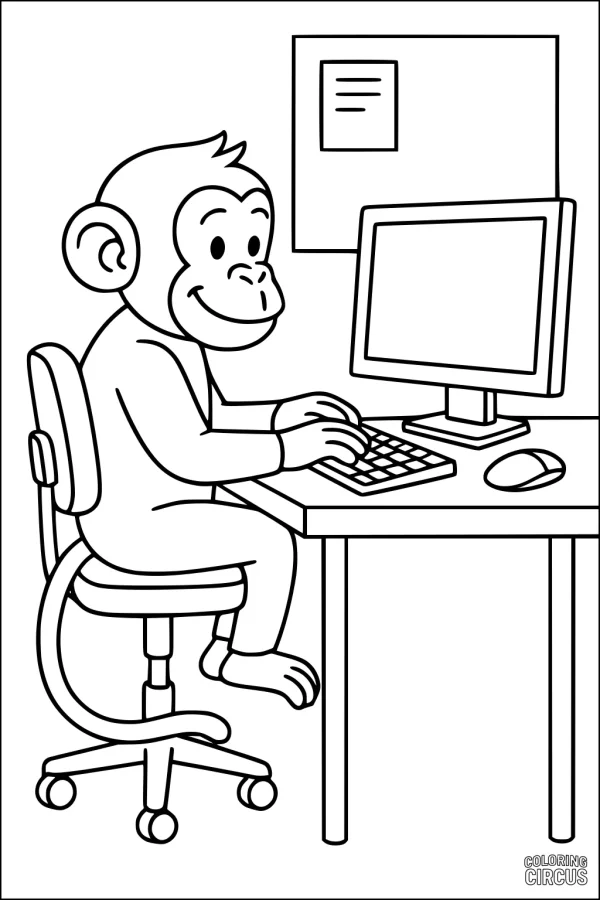 Coloring page featuring a monkey sitting at a desk using a computer, perfect for young children.