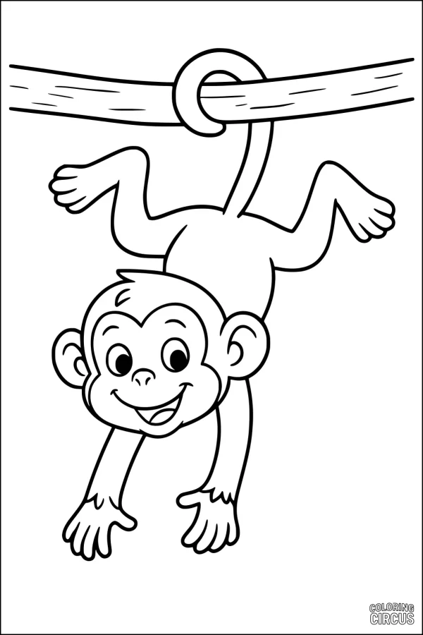 Coloring page featuring a cute monkey hanging by its tail from a tree branch