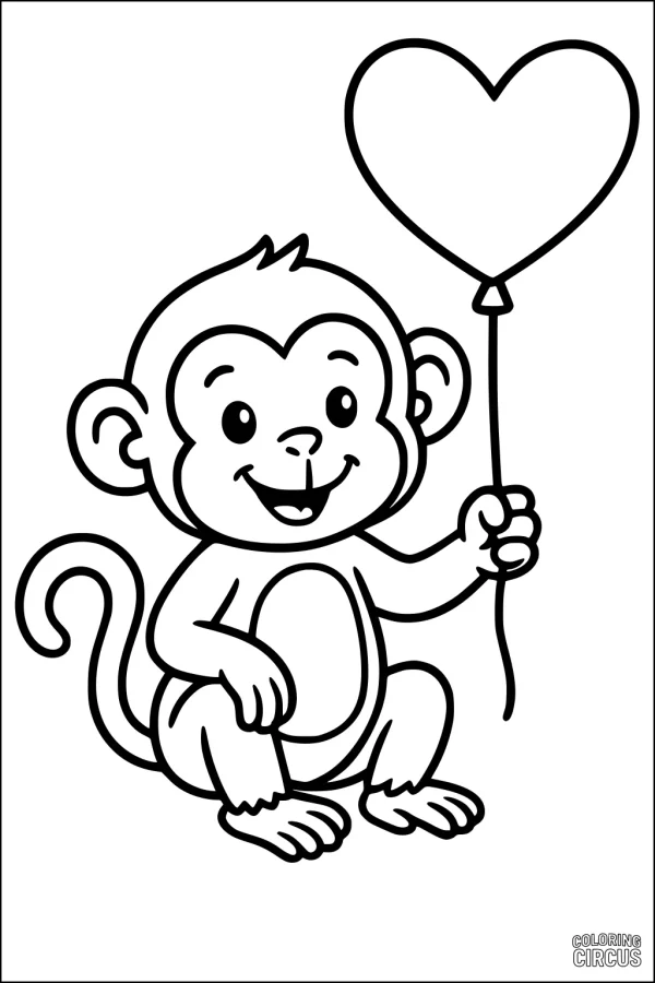 Coloring page of a smiling monkey holding a heart-shaped balloon, simple design for young children