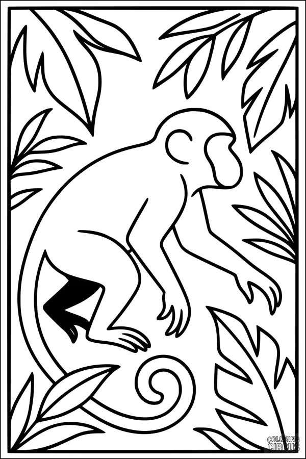 Coloring page showing a cartoon monkey surrounded by leafy jungle plants