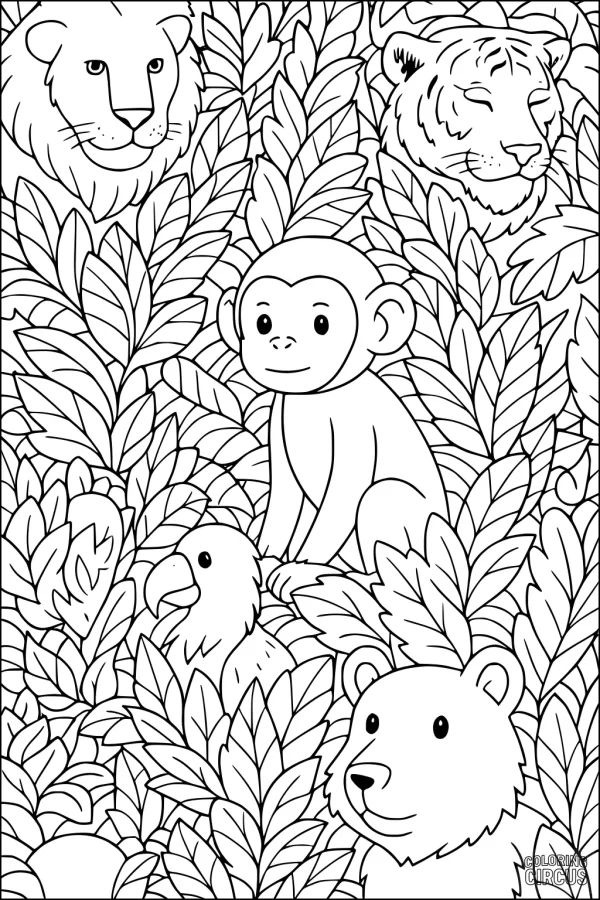 Coloring page with a smiling monkey, lion, tiger, bear, parrot, and jungle leaves