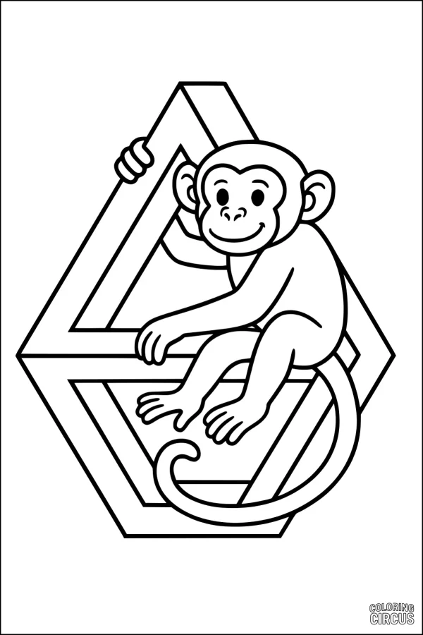 Coloring page with a cartoon monkey sitting on a geometric shape