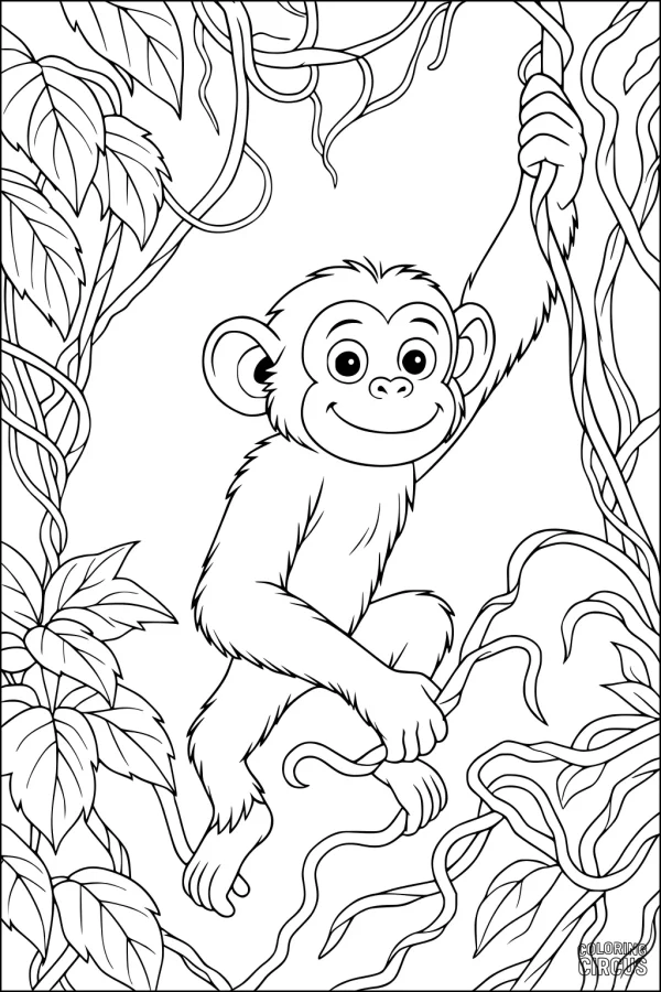 Coloring page of a smiling monkey swinging on jungle vines surrounded by large leaves