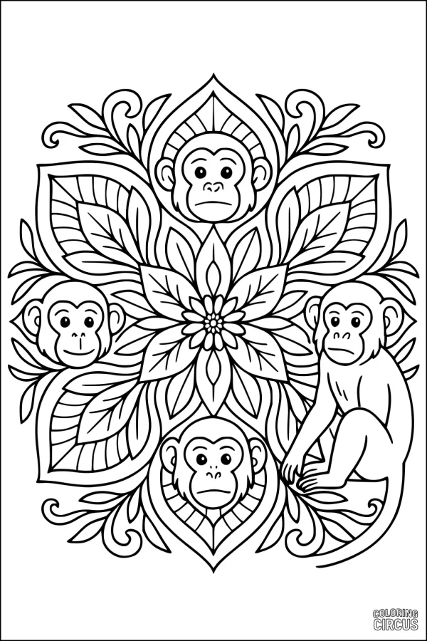 Coloring page featuring four monkeys surrounded by decorative leaves and a flower in a mandala style