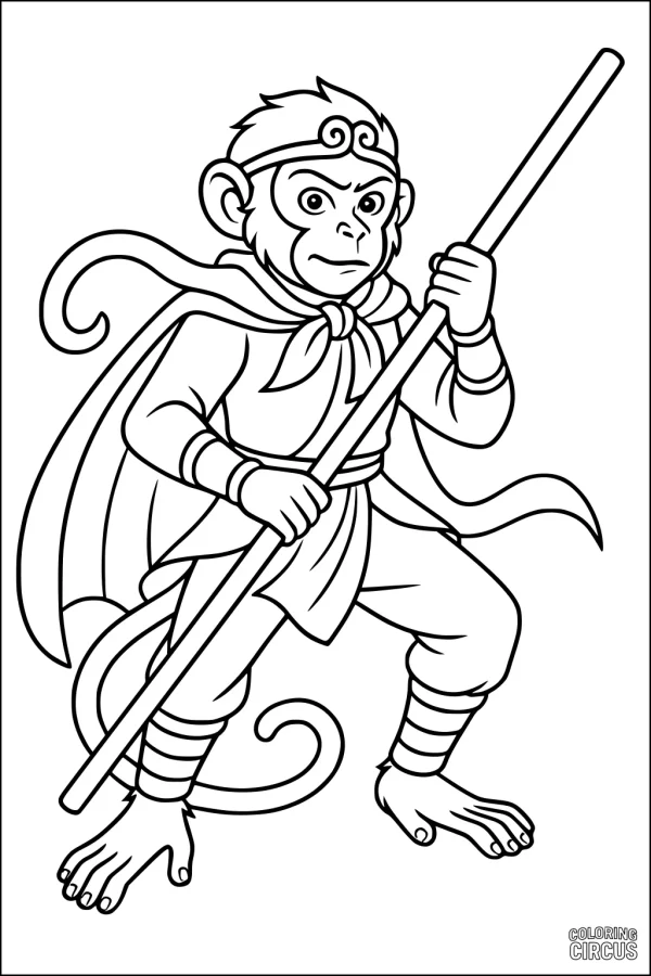 Coloring page of a heroic monkey with a cape and staff, inspired by myth and legend
