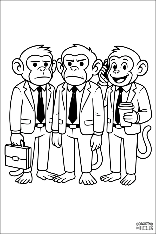 Coloring page of three monkeys wearing business suits, one holding a briefcase, one on a phone, and one holding a cup