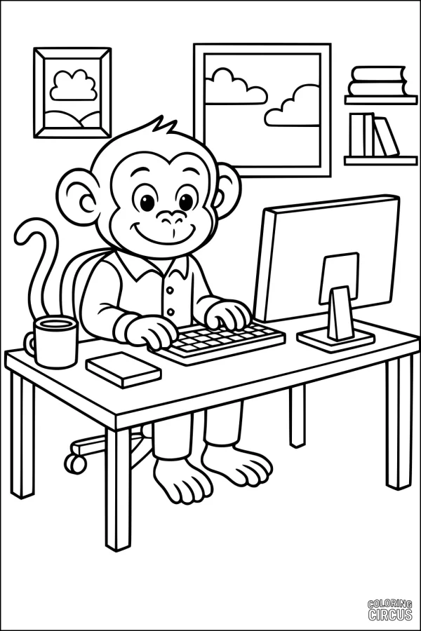 Coloring page of a happy cartoon monkey using a computer at a desk