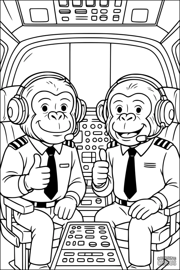Coloring page with two cartoon monkey pilots sitting in an airplane cockpit, wearing headsets and uniforms, giving thumbs up.