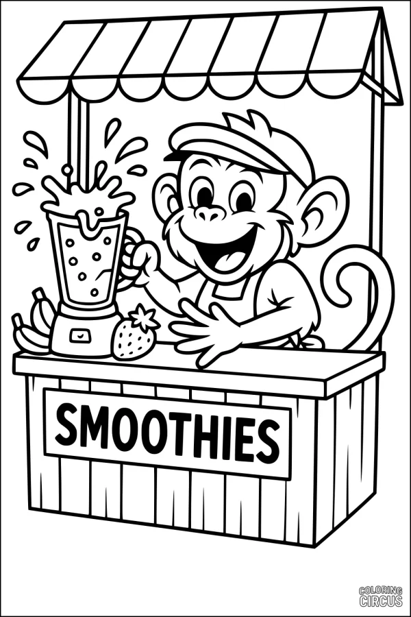 Coloring page showing cartoon monkey making smoothies at a market stand