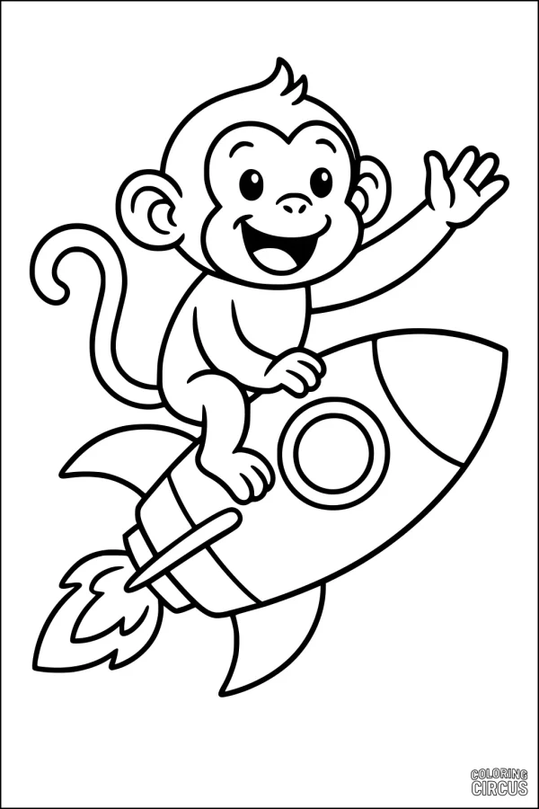 Coloring page showing a smiling monkey riding on a rocket and waving
