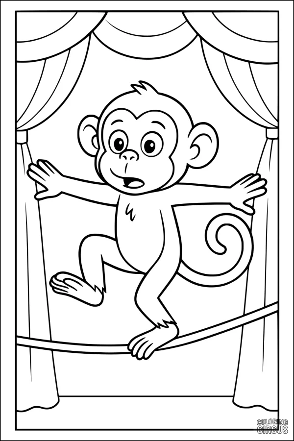 Coloring page featuring a cartoon monkey balancing on a tightrope on a circus stage with curtains
