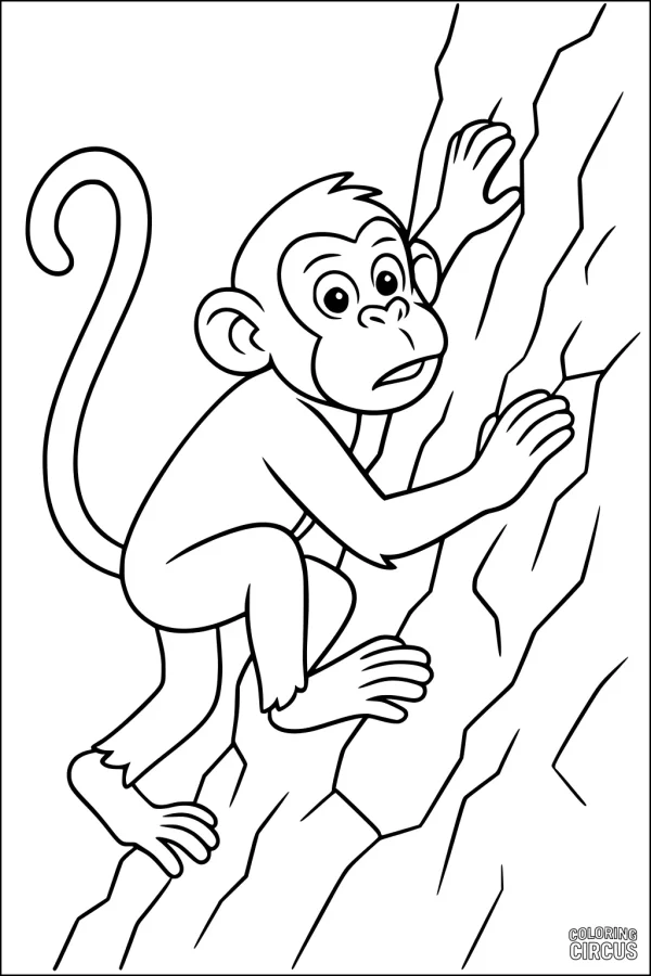 Coloring page showing a young monkey climbing a tree with a curious expression