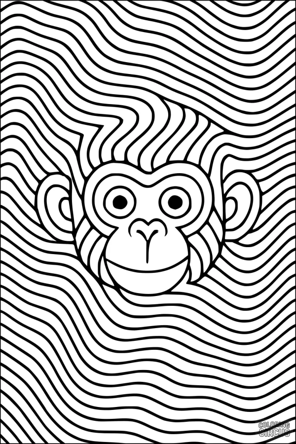 Coloring page featuring a cute monkey face surrounded by wavy abstract lines