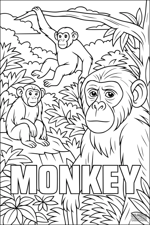 Coloring page featuring three monkeys in a jungle setting with leaves and trees, suitable for children.