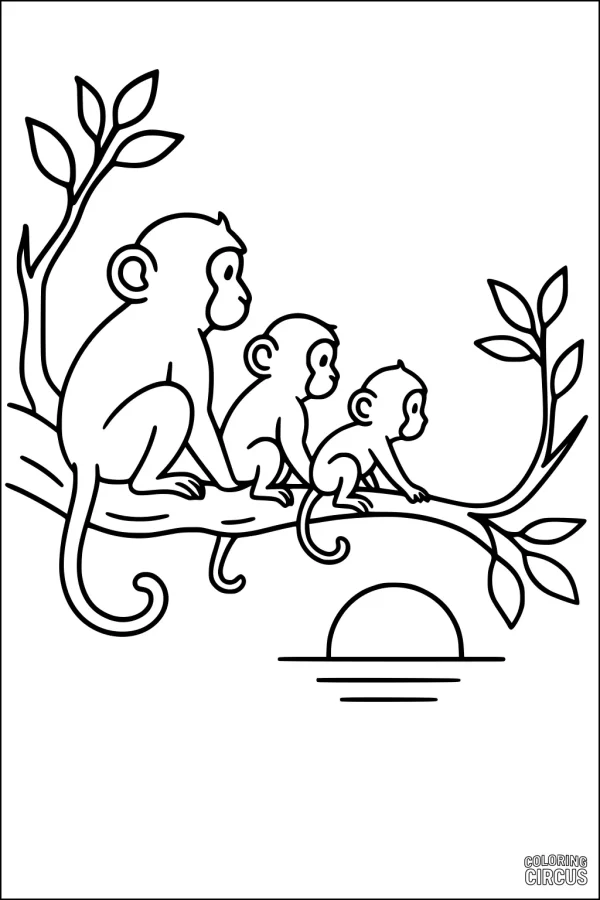 Coloring page showing three monkeys sitting on a tree branch at sunset with leaves and the sun in the background.