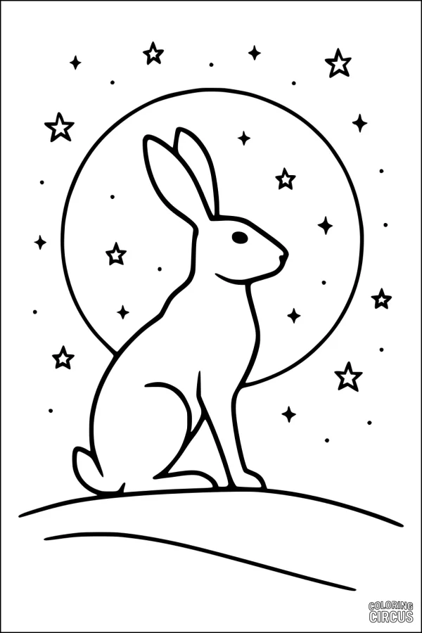 Coloring page of a hare sitting on a hill with a large moon and stars in the background