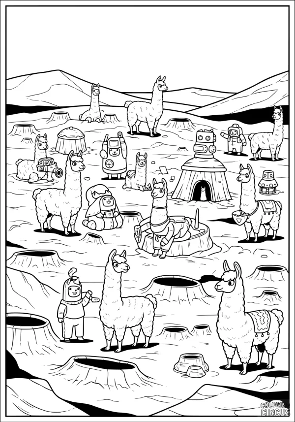 Coloring page with llamas and astronauts on the moon, surrounded by craters and lunar huts