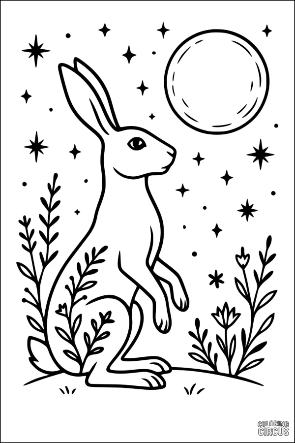 Coloring page featuring a hare sitting upright in a nighttime meadow with stars, moon, and plants.