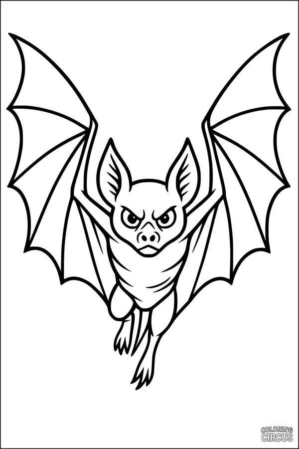 Coloring page showing a cartoon bat flying with wings spread wide, suitable for children