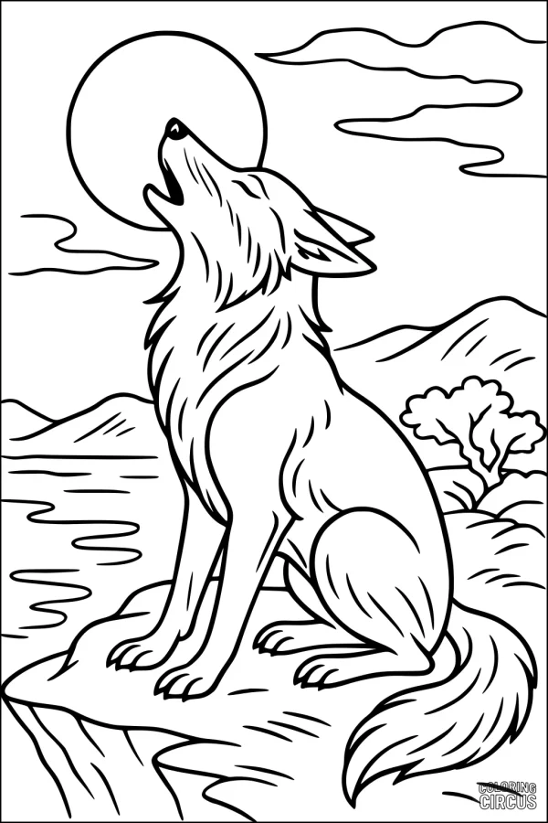Coloring page of howling coyote on mountain with full moon and desert landscape
