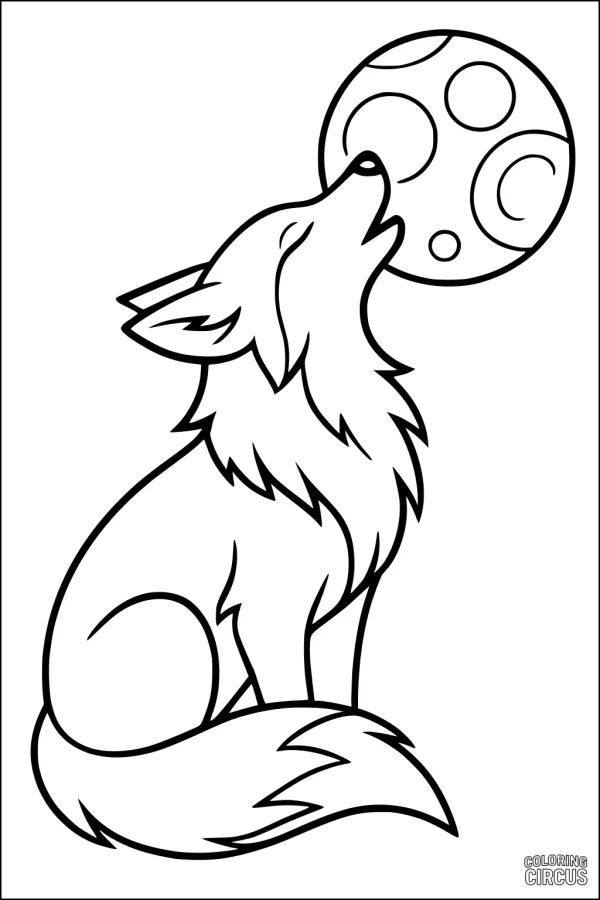 Coloring page of a sitting fox howling at a round moon with craters