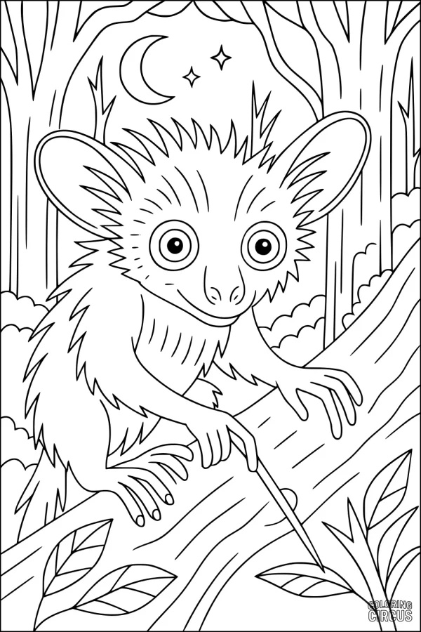 Coloring page of a lemur with big eyes and fuzzy fur sitting on a tree branch at night in a forest scene with a crescent moon and stars