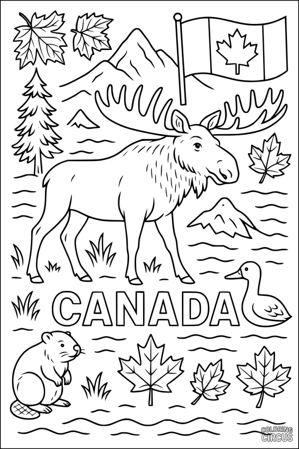 Coloring page featuring a moose with Canadian wildlife, maple leaves, mountains, and a Canada flag