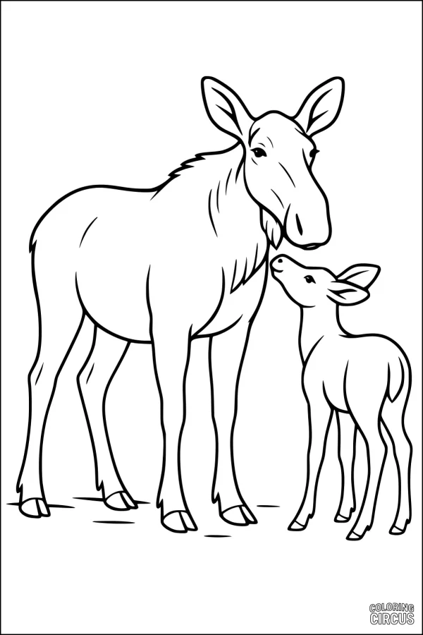 Coloring page showing a mother moose and her calf standing together