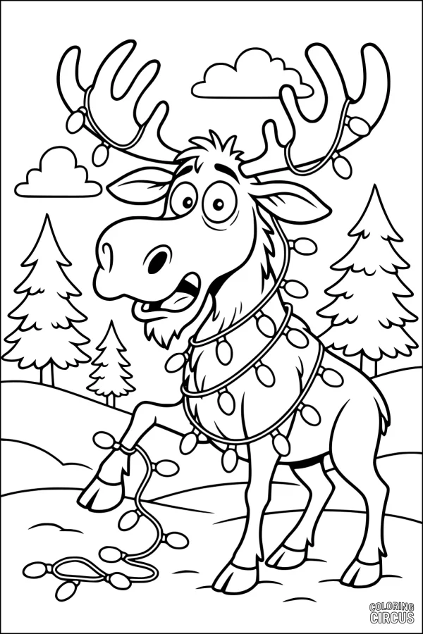 Coloring page of a cartoon moose tangled in string lights in a winter forest