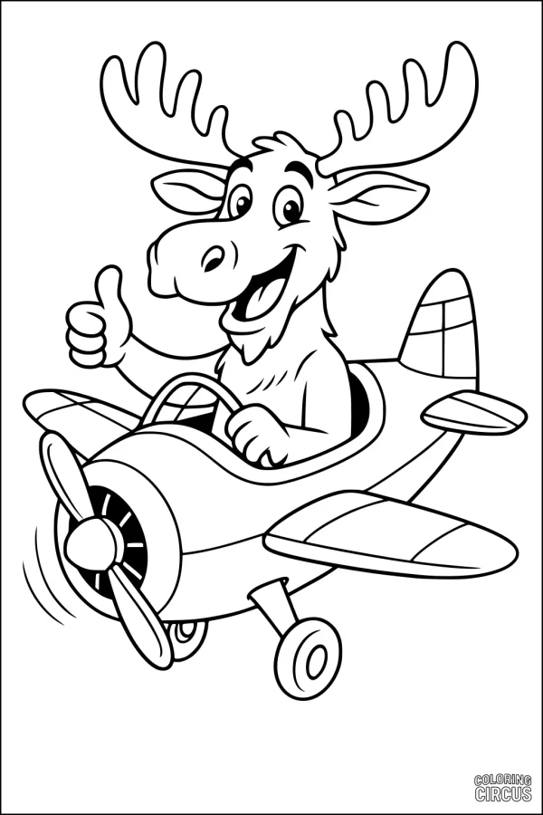 Coloring page of a happy cartoon moose flying a small airplane, giving a thumbs up, for kids