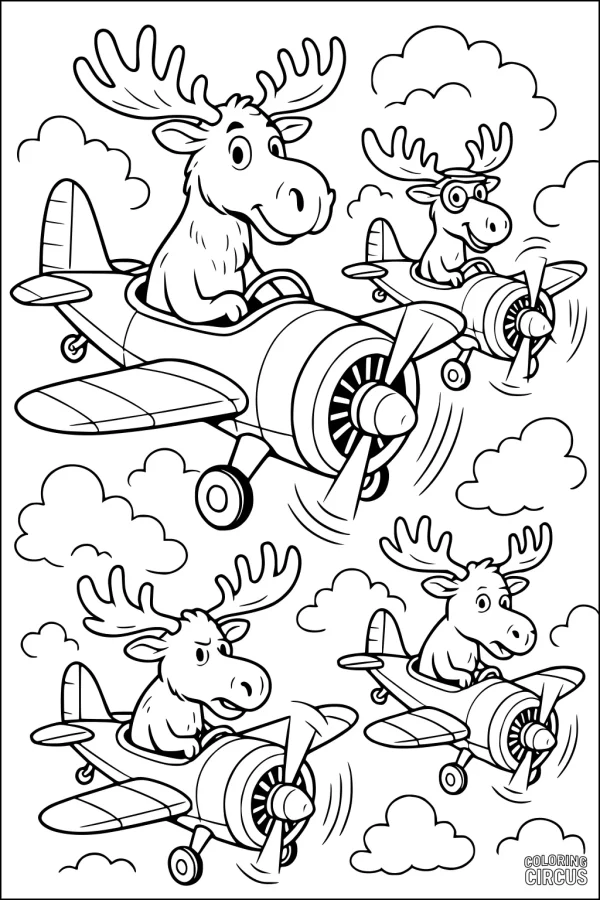 Coloring page with cartoon moose flying airplanes among clouds, fun for young children