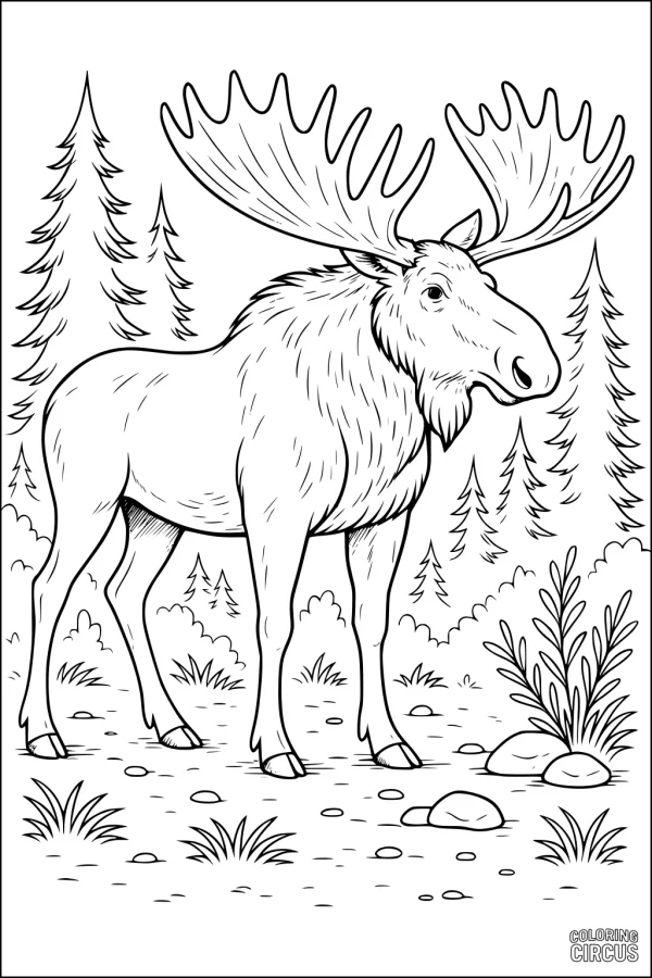 Coloring page showing a moose standing in a forest surrounded by trees, grass, and rocks