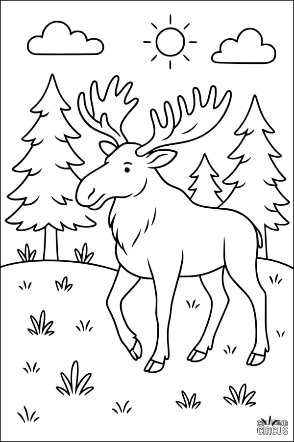 Coloring page featuring a moose walking in a sunny forest scene with pine trees and clouds