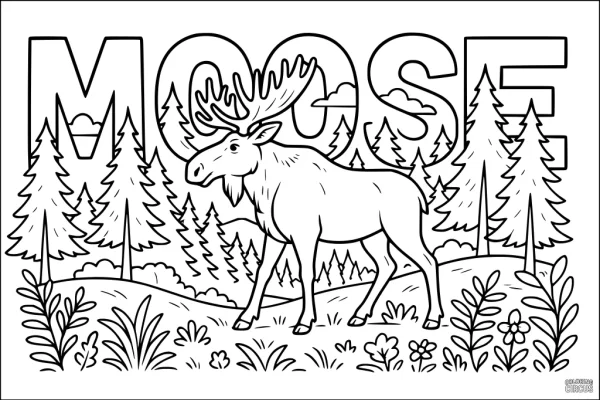 Coloring page with a moose walking in a forest, surrounded by trees, plants, and the word 'MOOSE' in large letters